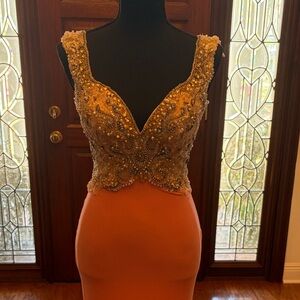 Mori Lee pink jersey gown with pearls and sequins 2